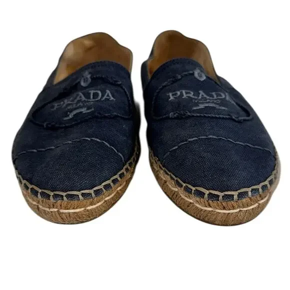 Prada Logo Blue Denim Espadrilles Size 37 Designer Slip On Flats Authentic - Picture 5 of 12